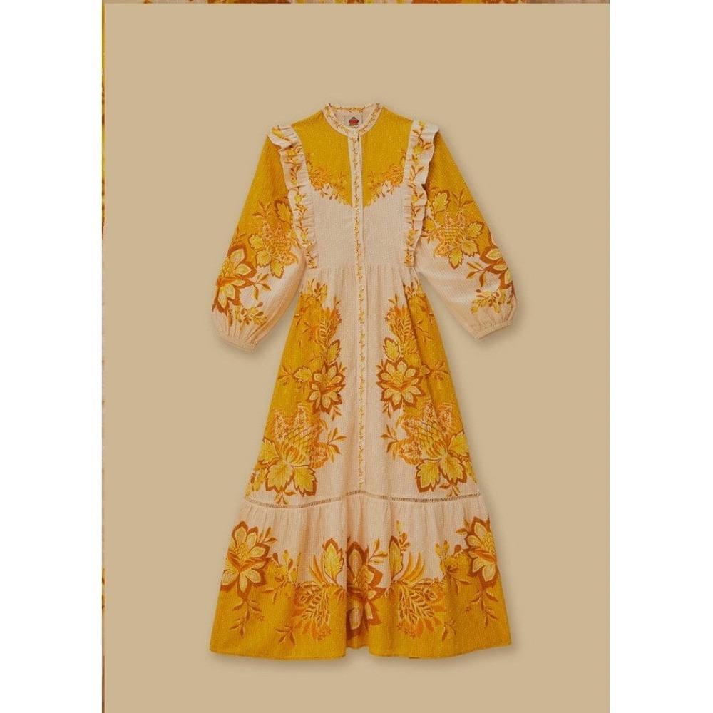 Farm Rio Aura Floral Maxi Dress Yellow Cream Ruffle Button Front Boho NWT XL - Picture 2 of 16